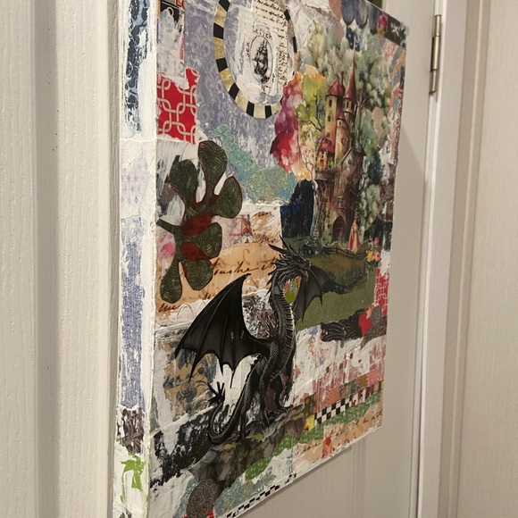 Handmade Mixed Media Collage Art  "The Guardian"  Castle, Queen, Dragon 11"x14" - Picture 3 of 5